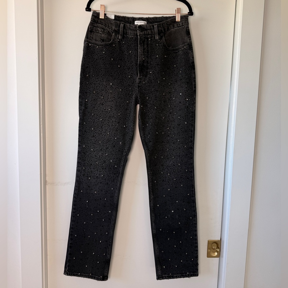Good American Black Embellished Straight Leg Jeans